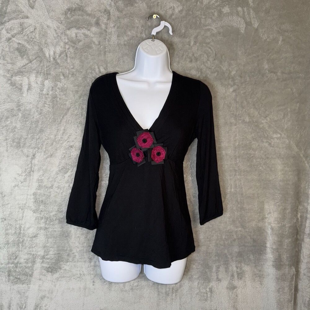 Boden Y2K Babydoll Top Size 12 Black Floral Whimsigoth Stretch Fairy Grunge 90s